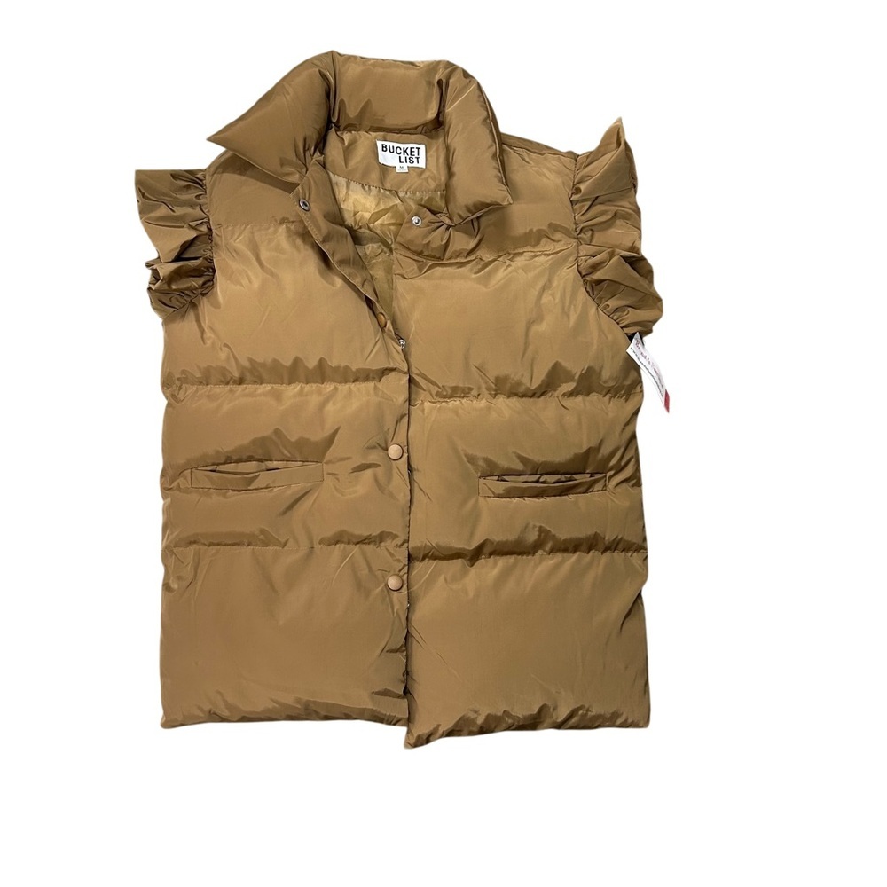 NWT Bucket List‎ Womens Medium Ruffle SLEEVE DOWN VEST | CAMEL/Brown